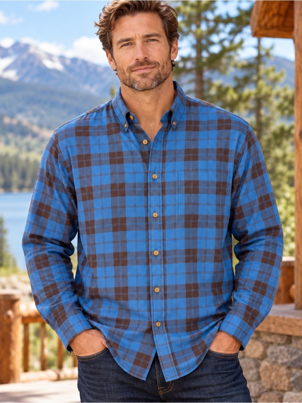 Orvis Men’s XL Classic Fit Blue Brown Plaid Button Down Shirt Cotton Outdoor